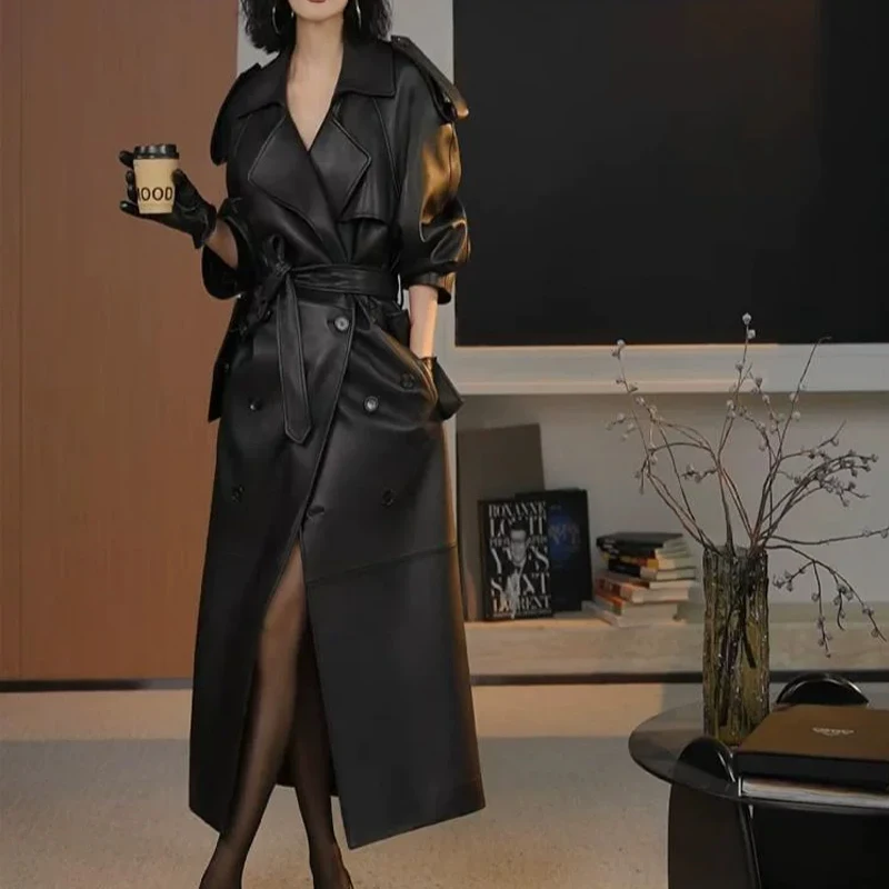 Stylowy Klasyczny Czarny Damski Płaszcz Trencz z Owczej Skóry w Kształcie Litery A, Jesień 2025, Sznurowany Pasek, Damski Płaszcz z Naturalnej Skóry, Luźny Długi Płaszcz Wierzchni