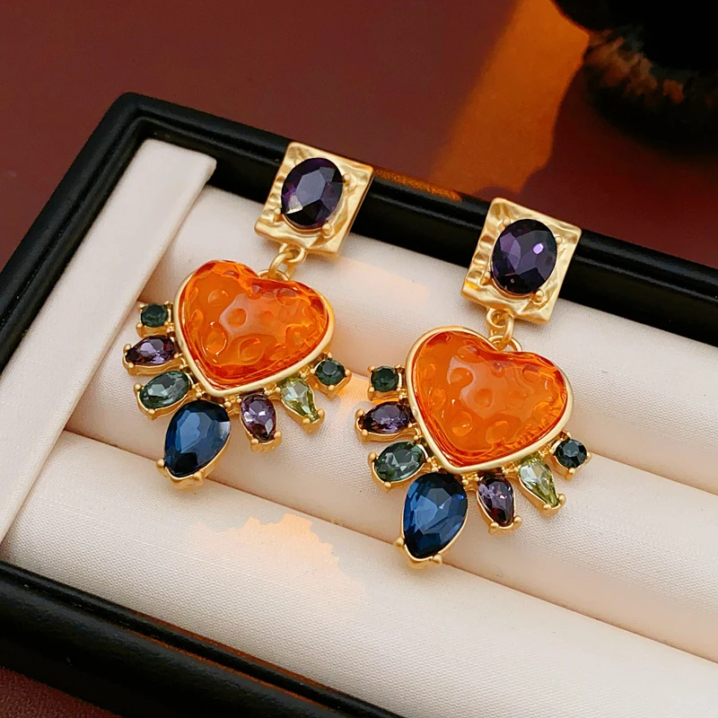 Orange Pleated Heart Glass Multi Color Rhinestones Water Drop Dangle Earrings Women Fashion Exquisite Vintage Party Jewelry K-