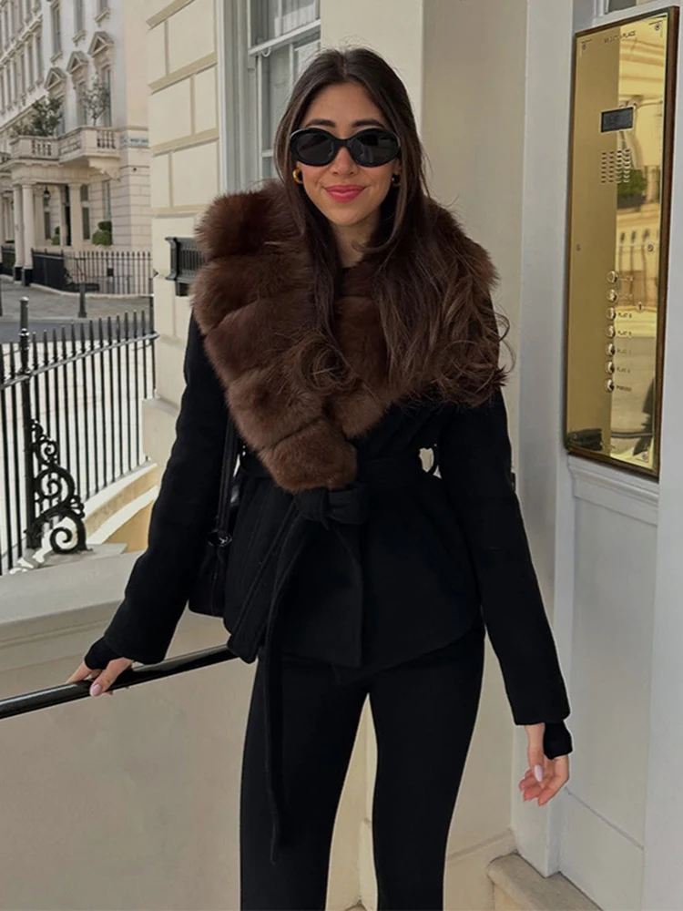 

Fur Collar Patchwork Women Woolen Coats Full Sleeve Lace Up Fashion Jackets Autumn Winter Clothes Elegant Chic Warm Outerwear