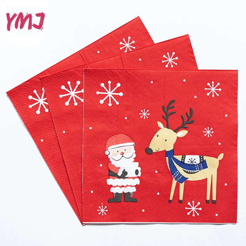 Red Cartoon Santa Claus and Deer Printed Napkins Christmas Party Colorful Handkerchief Square Napkins 2-Ply 20pcs/Pac 33*33cm