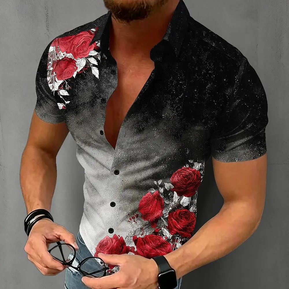 Vintage Gradient Rose Vacation Shirts For Men Multi Tone Lapel Short Sleeve Evening Beach Outfit