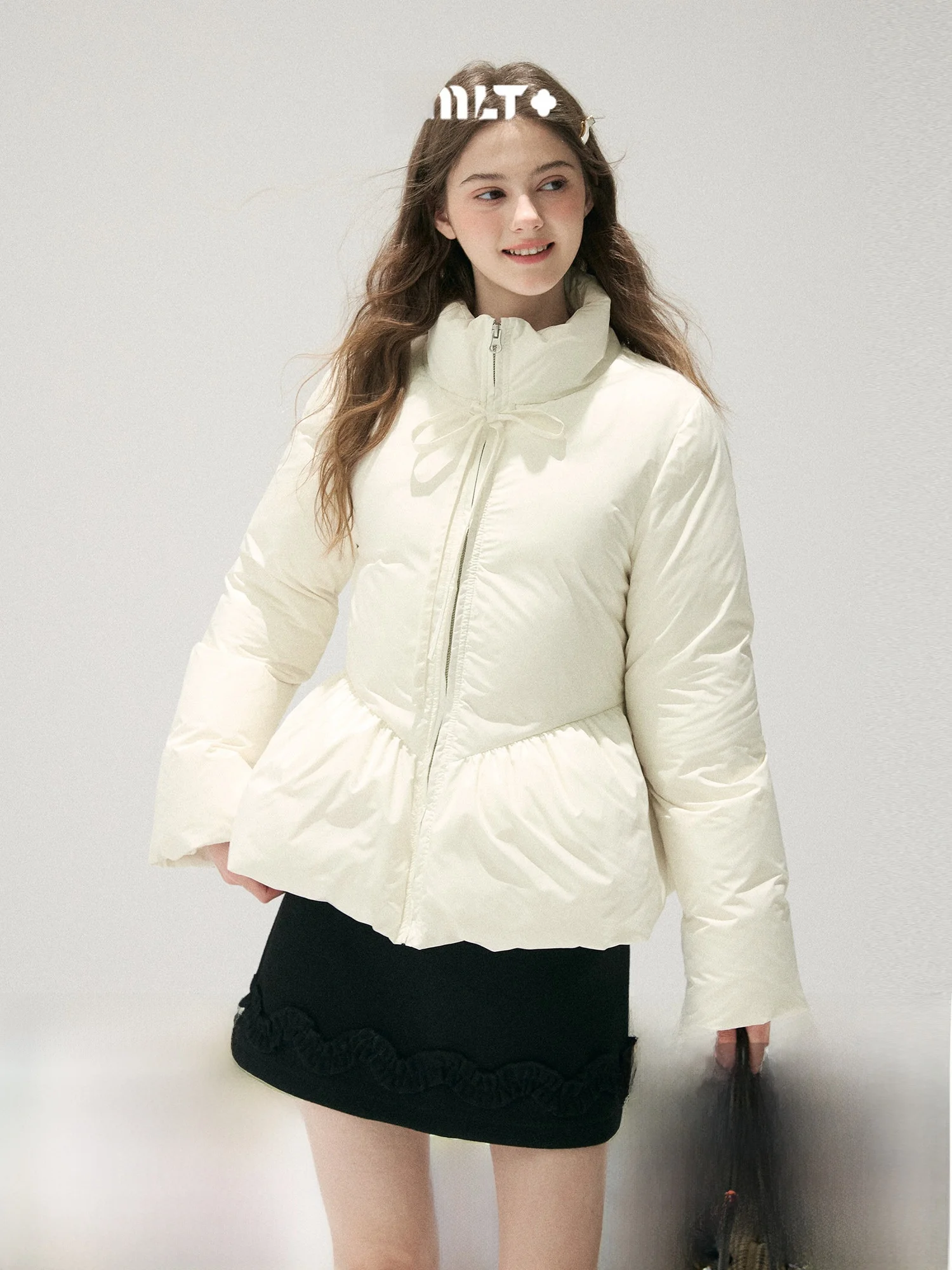 

White Lover's Knot down Jacket Women's Warm Coat Floral Bud Design French Style Straight Cut Polyester Fiber