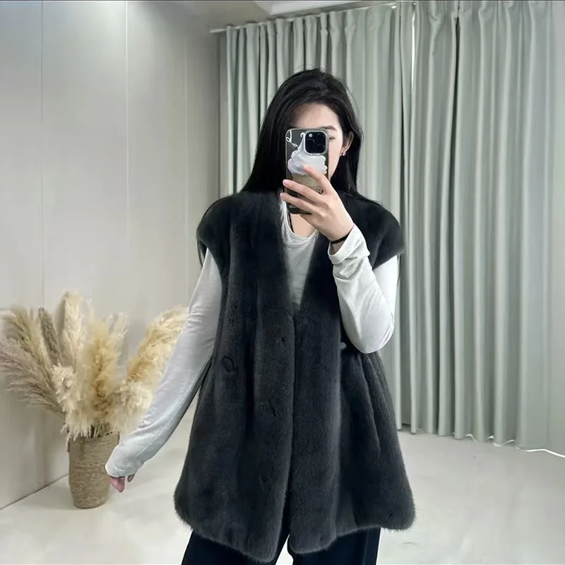 Tagkita Women's Faux Mink Vest Thiened Cotton Loose Fit V-Ne Sle Stand Edition Polyester Fiber Winter Season New Arr...