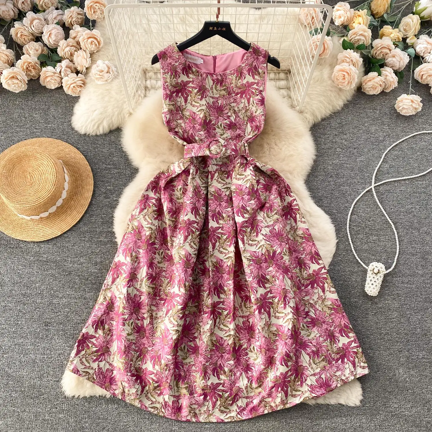 

Summer Runway Jacquard Dress Women's Sleeveless Tank O Neck Vacation Floral Print High Waist Ball Gown Robe Vestidos 8577