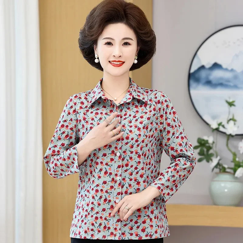 الصيف الإناث الطباعة المرقعة قميص معطف سيدة الموضة قمصان طويلة الأكمام منتصف العمر أمي حجم كبير 5XL سترة بلوزة #3