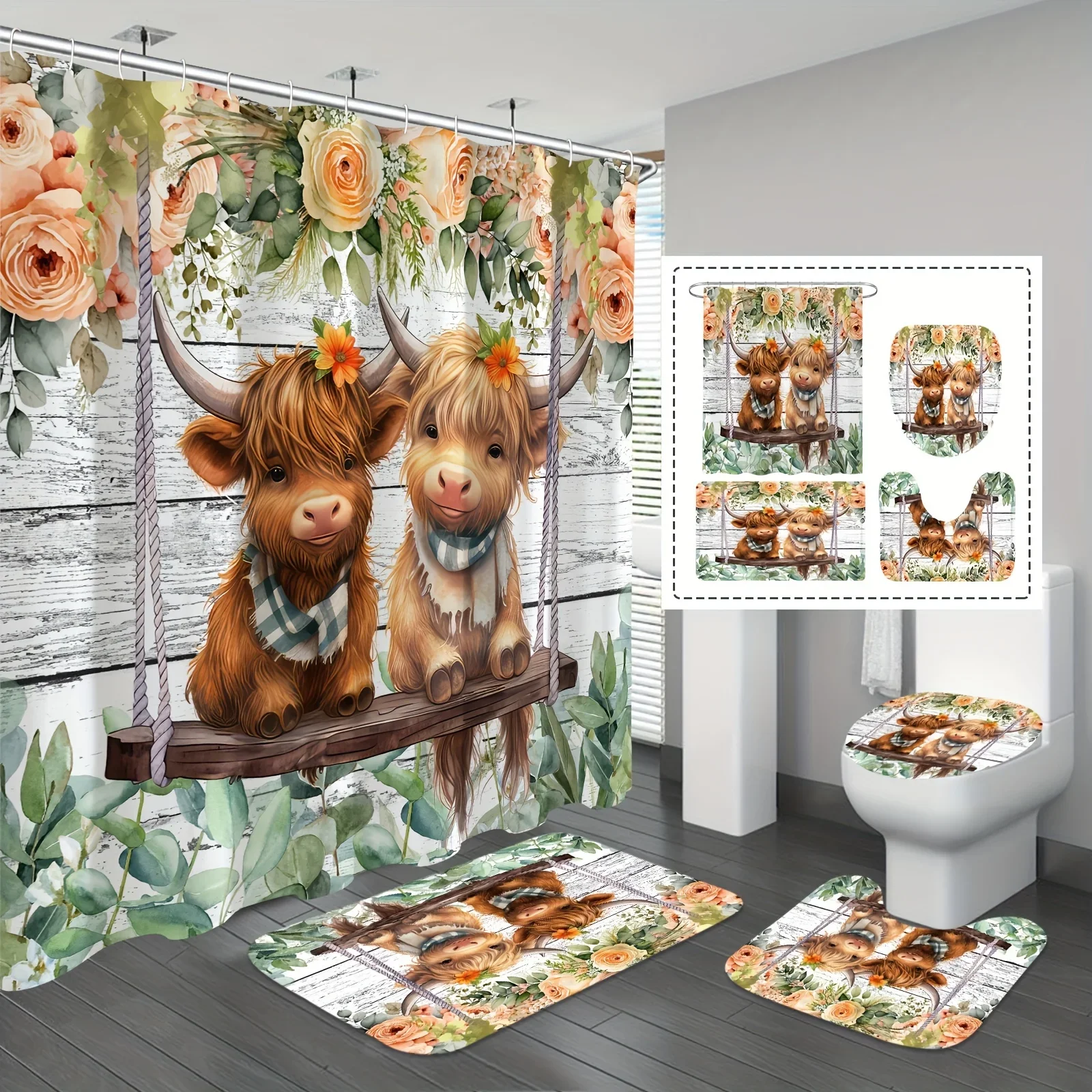 

Cute Highland Cow Flower Bathroom Set - Waterproof Shower Curtain, Toilet Lid, Soft Bath Mat, and Comfortable Contour Mat