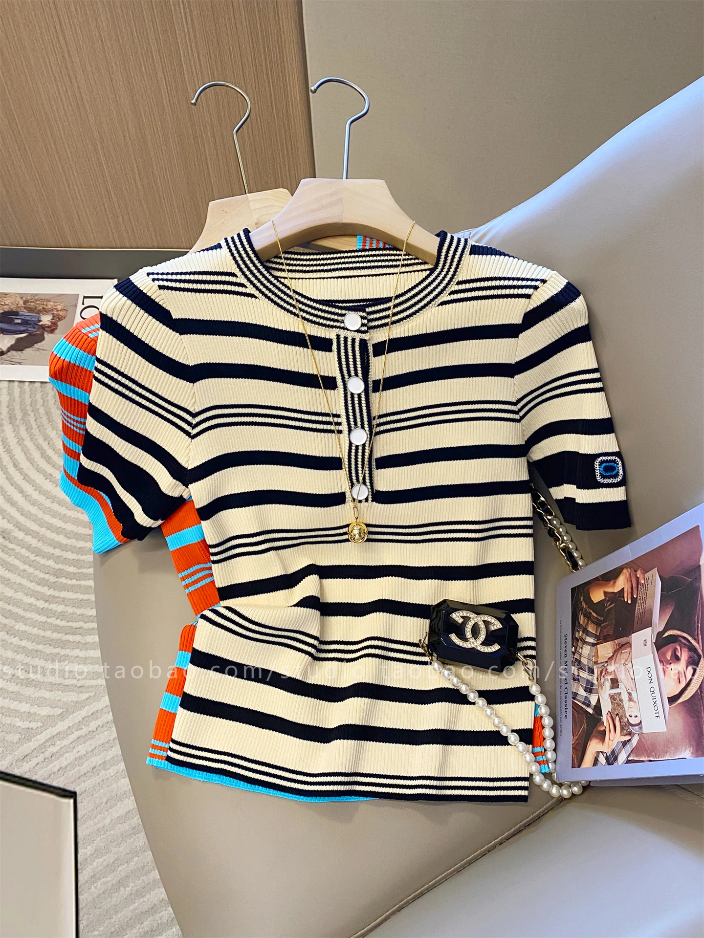 Slimming Short Sleeve round Neck Knitted T-Shirt Women's Thin Summer New Style Beautiful Versatile Commute Soft Striped Color...