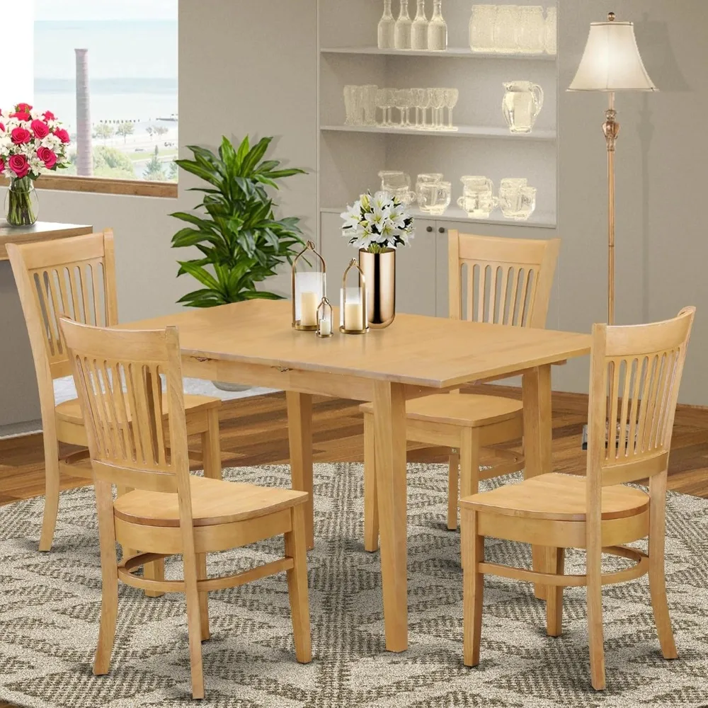 The 5-piece room set includes a rectangular wooden table with butterfly leaves and 4 kitchen dining chairs, 32x54 inches