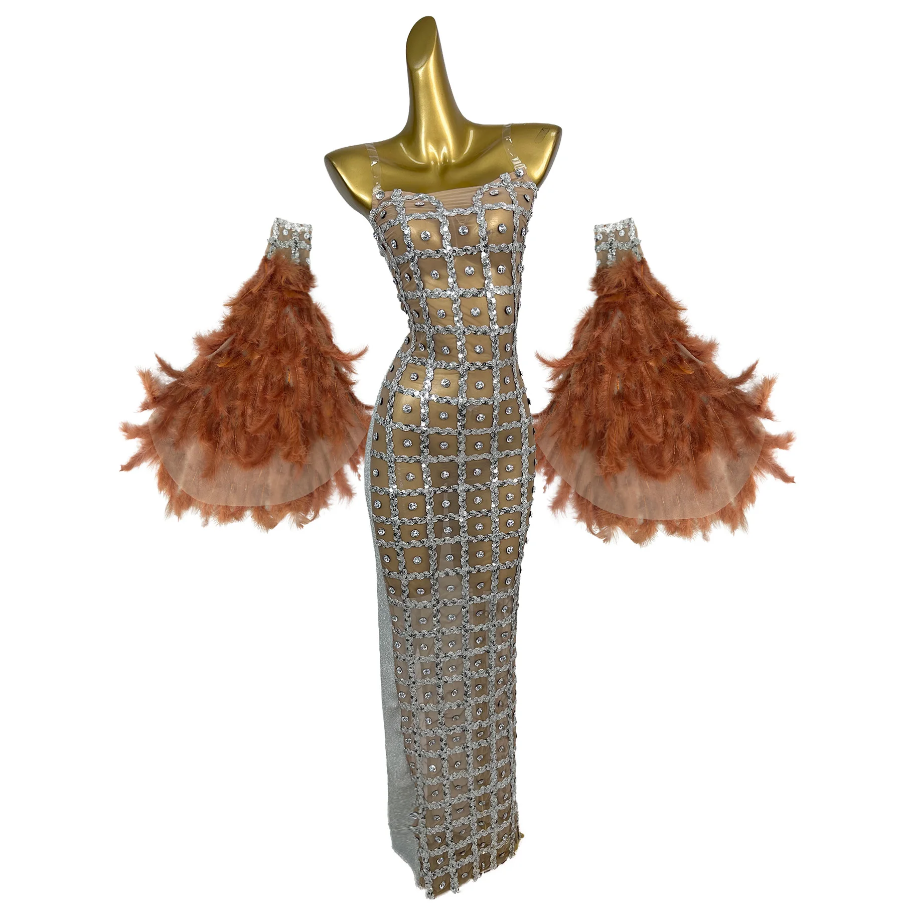 

Jiumeng Nude Rhinestone Grid Mermaid Gown with Brown Feather Sleeves for Stage Performance Evening Party Prom Events