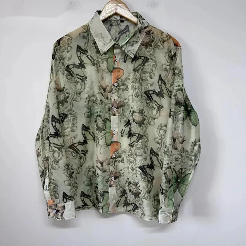 Summer New Men's Shirt Personality Print Semi-Transparent Design Organza Simple Trendy Lapel Long Sleeve Shirts ZU75