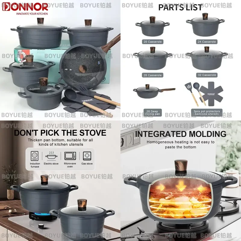 15 Piece Nonstick Cookware Set Granite Coating Wave Design Pots Pans Kitchen Cooking Utensils Smokeless Casserole Bakeware