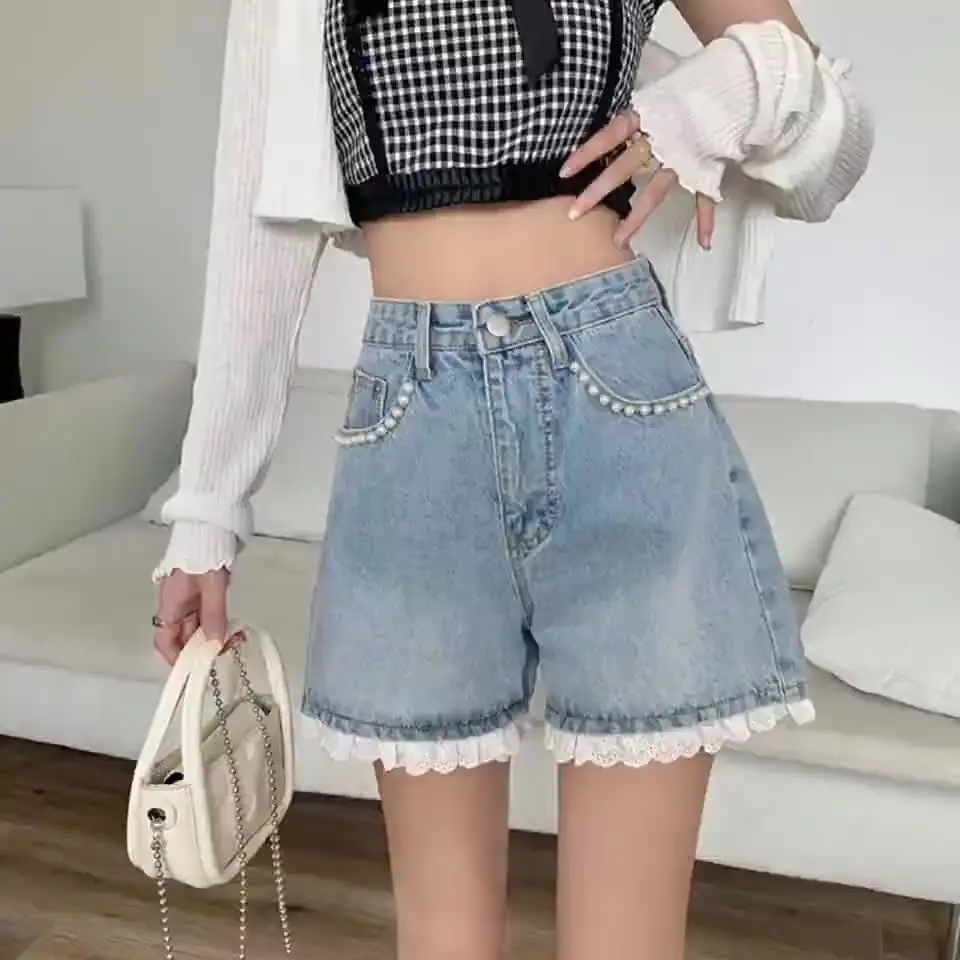 Spice Girls Denim Shorts Ladies Summer New Lace Studded Beaded High Waisted Wide Leg A-line Shorts Female Hot Summer Pants 2025