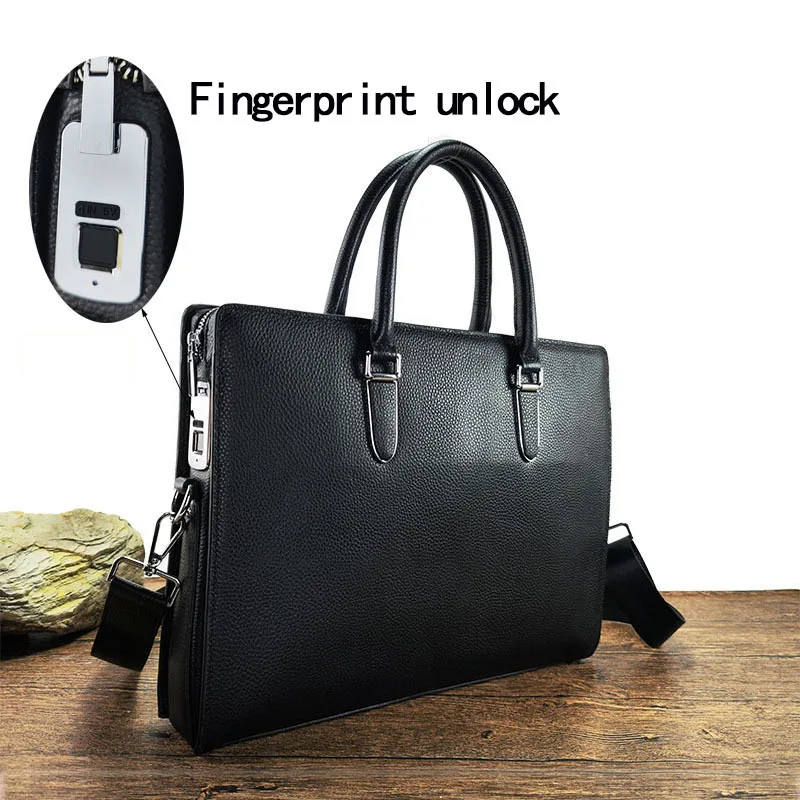 Anti theft fingerprint lock genuine leather briefcase men's business handbag commuting high-end single shoulder