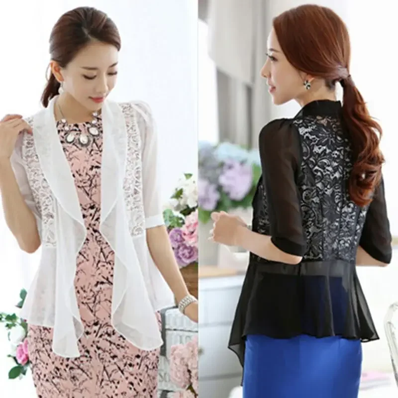 

Women Summer Long Sleeve Jacket Female Thin Perspective Shawl Shrug Top Ladies Button V Collar Mesh Lace Print Cardigans G155