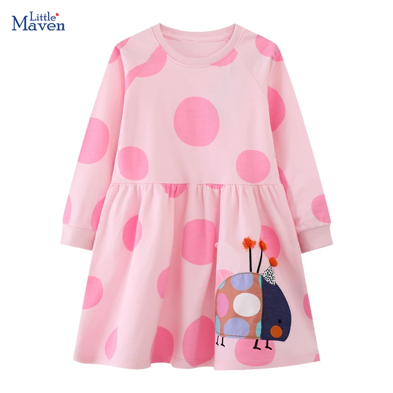 Little maven Spring Autumn Baby Girls Kids Casual Clothes Cotton Princess Cartoon Ladybug Casual Long Sleeve Dresses