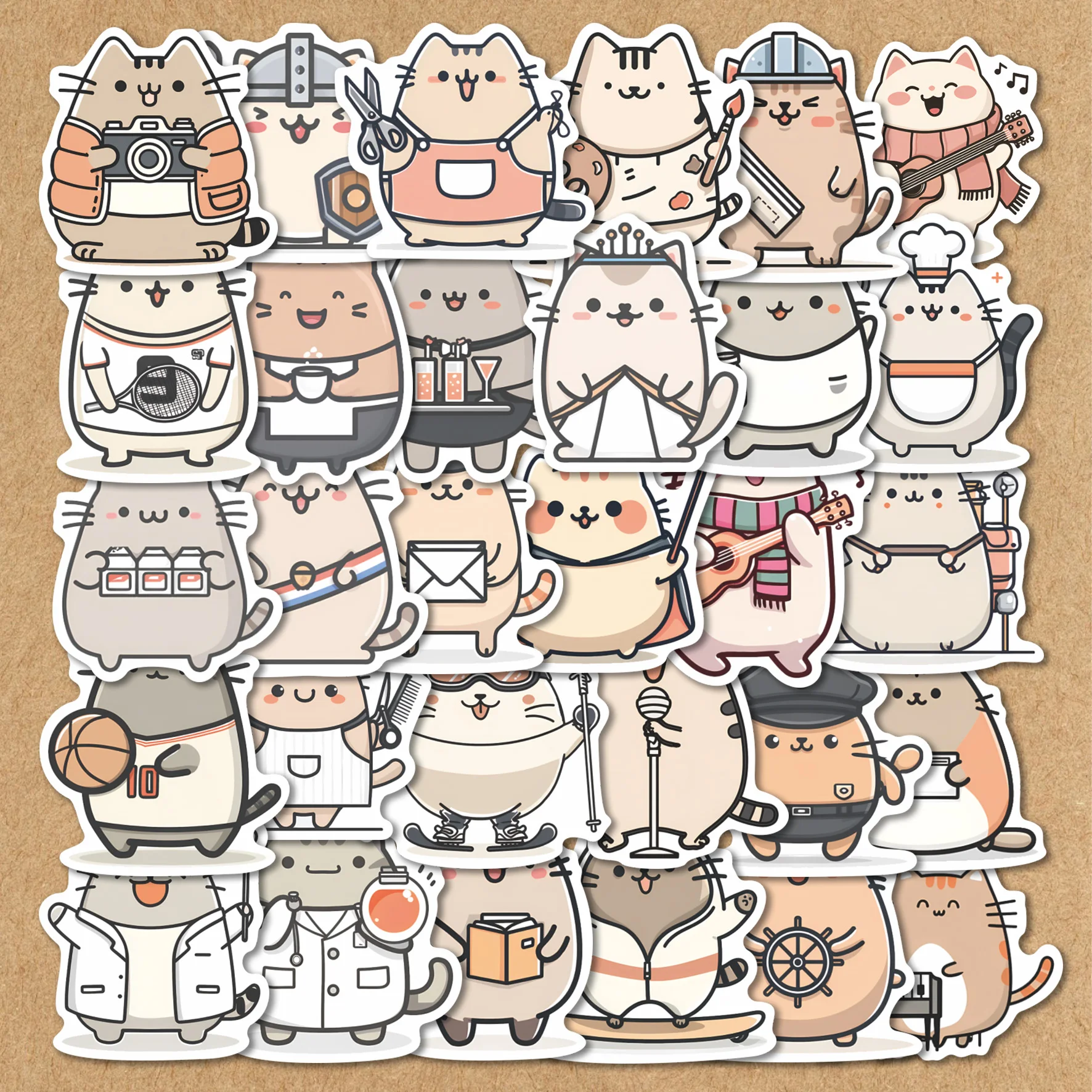 50Pcs Kawaii Chubby Cat Stickers Pack Waterproof Vinyl Decals Cute Working Cats for Water Bottle Laptop Journal Scrapbook Cat Lo
