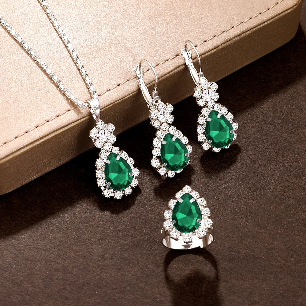 4pc Teardrop Crystal Pendant Necklace Earrings Set