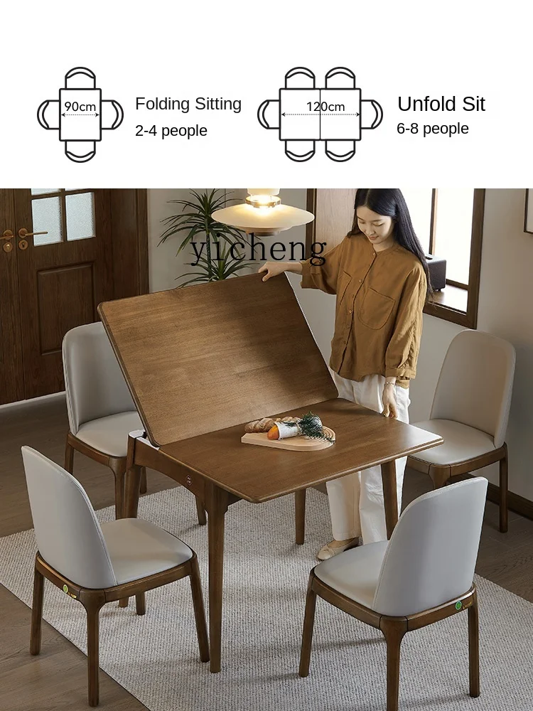 Folding Dining Table All Solid Wood Small Apartment Home Walnut Color Retractable New Chinese Dining Table