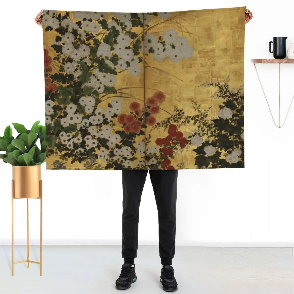 

White Red Chrysanthemums Floral Japanese Gold Screen Print Throw Blanket Luxurious Soft Fuzzy Blanket for Sofa Bed