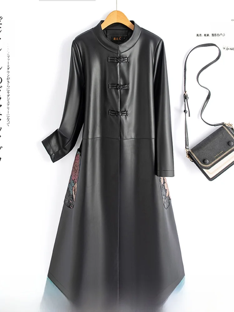 海寧本革コート レディース ミドル丈 2025年春秋新作 シープスキン 新中国風 国民風 ボタン風