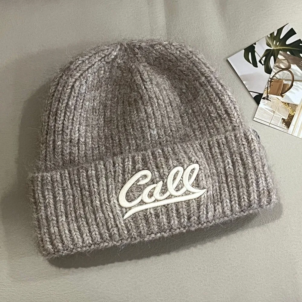 

Warm Knitted Hat Solid Color Letter Embroidered Knit Hats Large Head Circumference Double Folded Edges Cold Hat Autumn Winter