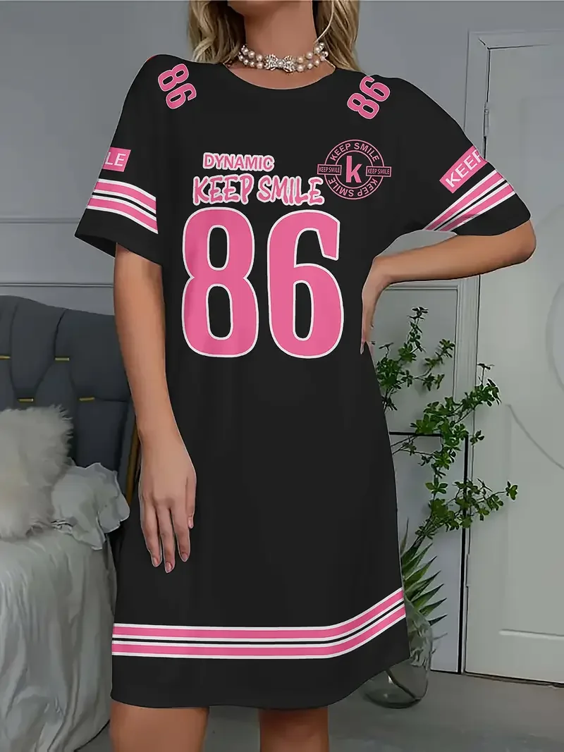 Summer Women T-Shirt Dress Plus Size Casual Letter NO.86 Printed Lady Short Sleeve Pullover Dresses Women Clothing
