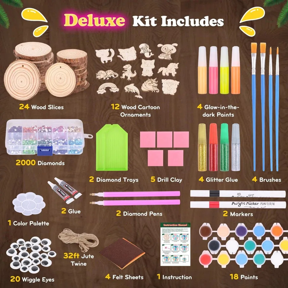 Kids Glow in Dark Wood Painting Kit, DIY Unfinished Wooden Slices Art Crafts Set, Educational Toy for Home School Activity
