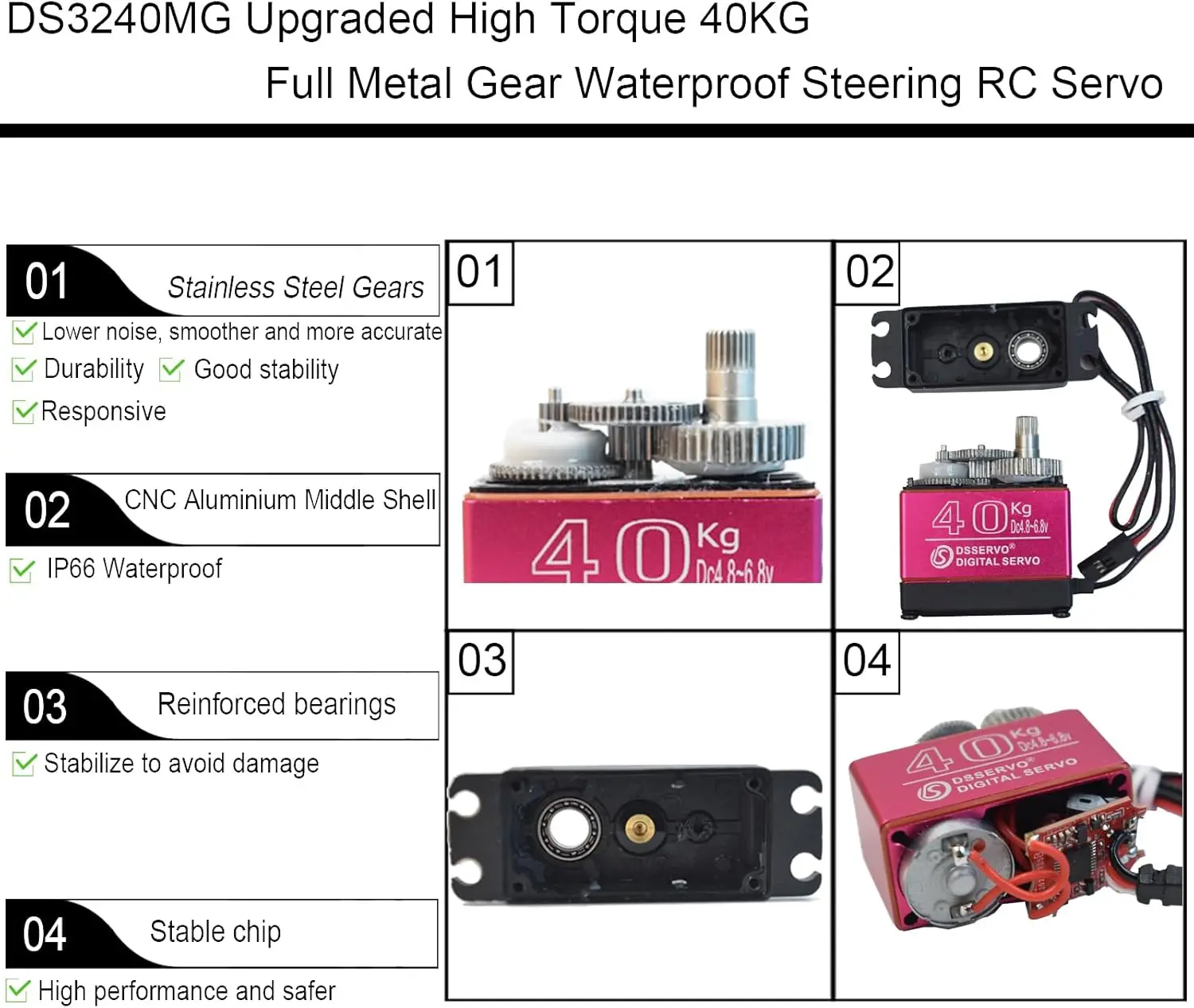 2PCS 40KG Digital RC Servo DS3240MG Metal Gear Servos for 1/8 1/10 Scale RC Crawler Car Buggy Control Angle 180/270° 500-2500us