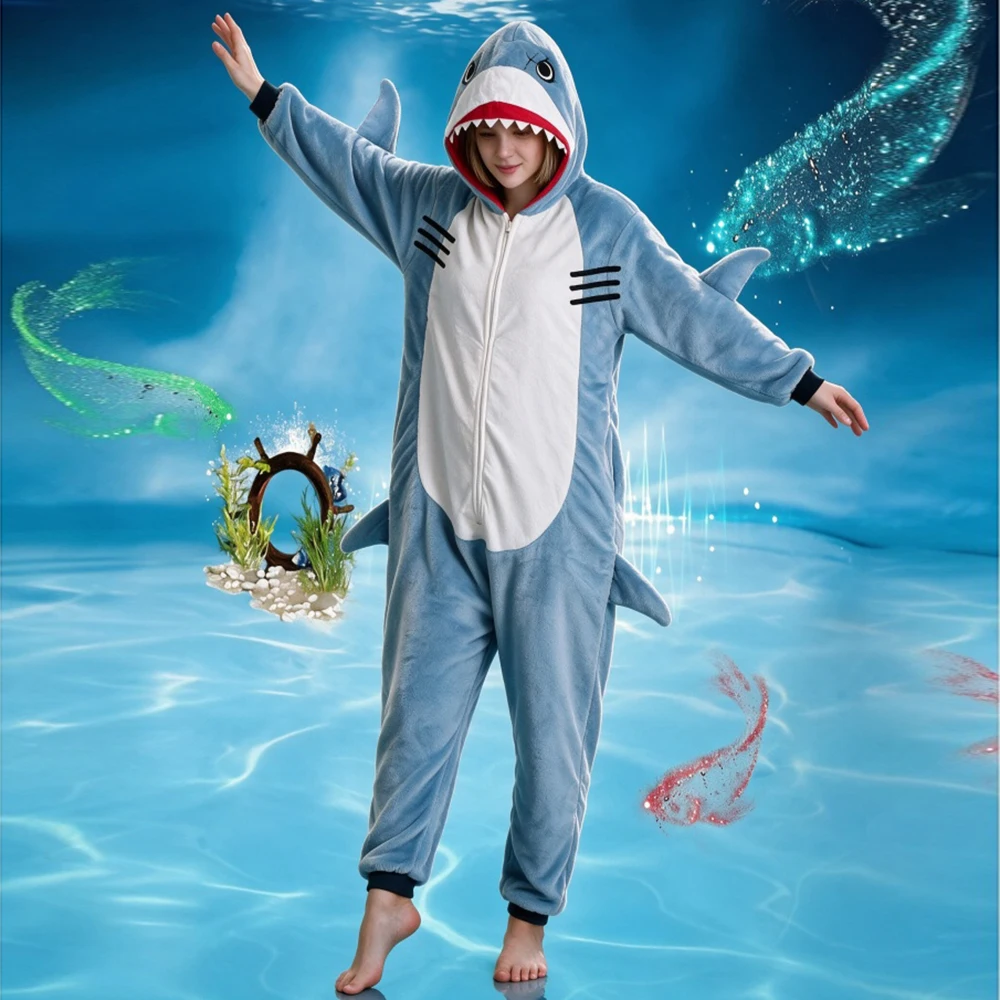 Onesie Scar Shark Cartoon jumpsuit pajamas flannel animal shaped home wear party cosplay role-playing sleepwear