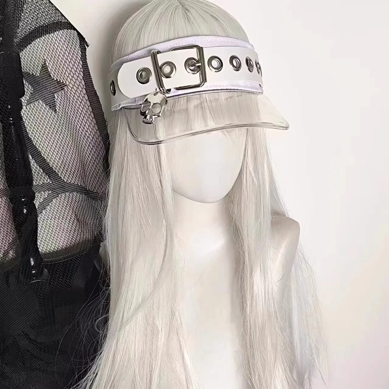 Skull baseball cap 2000s punk subculture low-profile no-top sun hat with unique leather buckle and jelly-like brim open-top hat. view 4