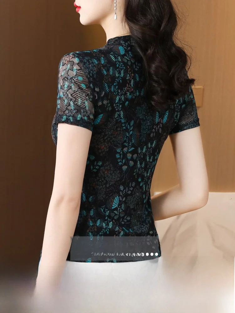 플로럴 자수 반팔 티셔츠 여성 여름 신상 패션 플러스 사이즈 메쉬 탑 스타일리시 베이스 셔츠 한국 스타일 출퇴근룩
