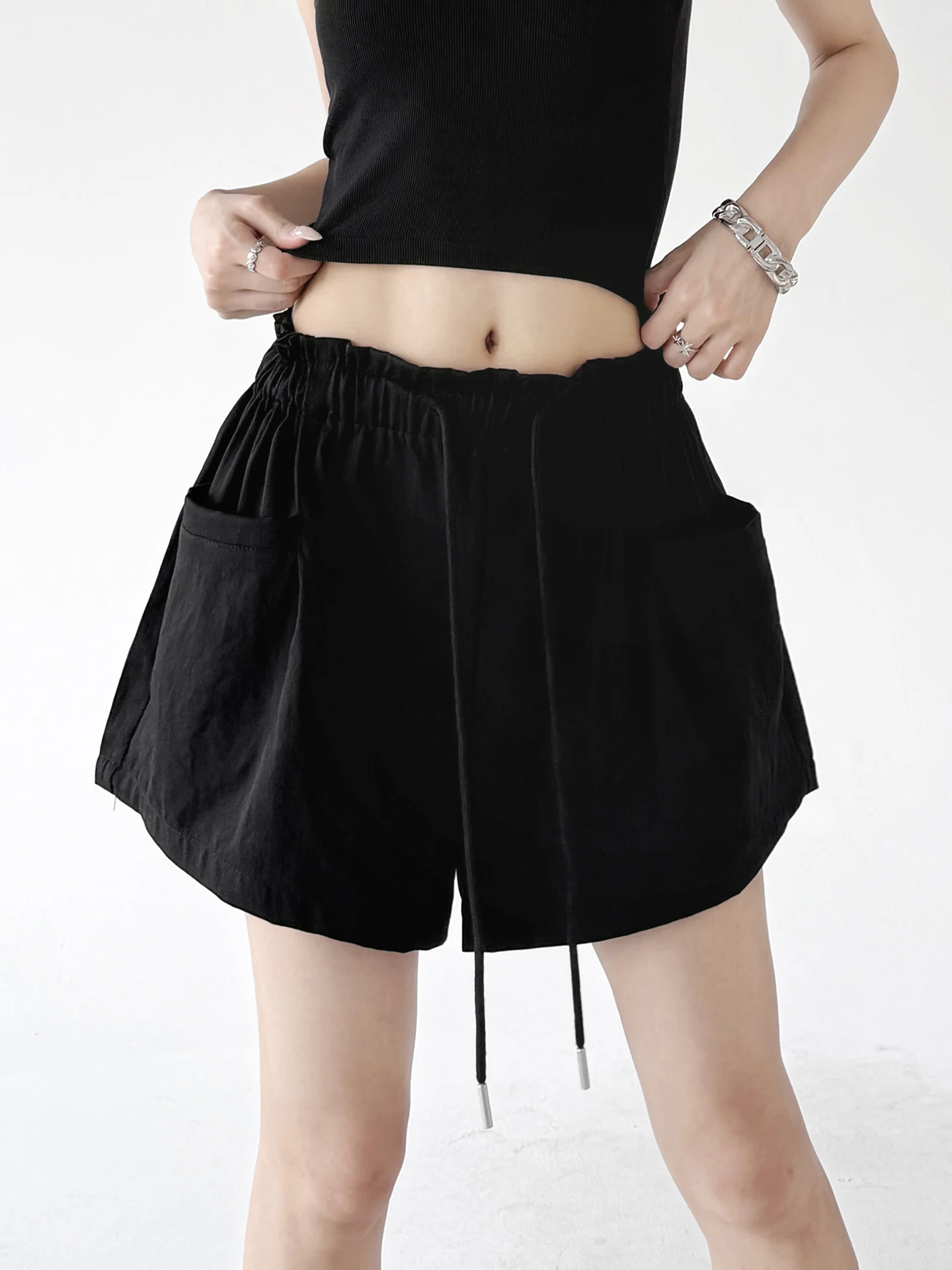 High Waist Elastic Waist Black Short Pants Women's Summer Leisure Sports Drawstring Casual Trousers Wide Leg Commute Style