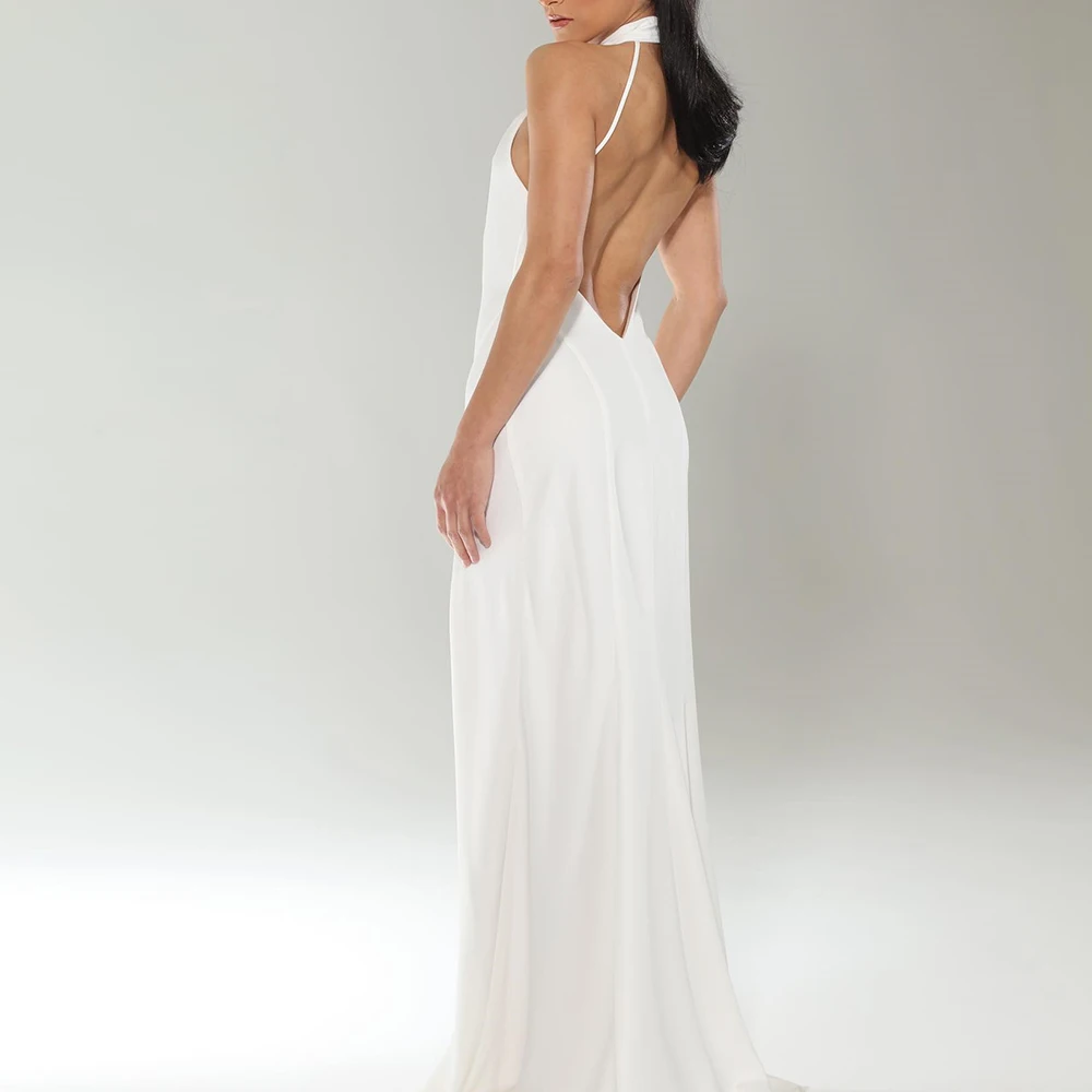 Customized Temperament Front Slit Halter Backless Open Back Evening Dresses Modern A-Line Satin White Party Gowns فساتين سهرة