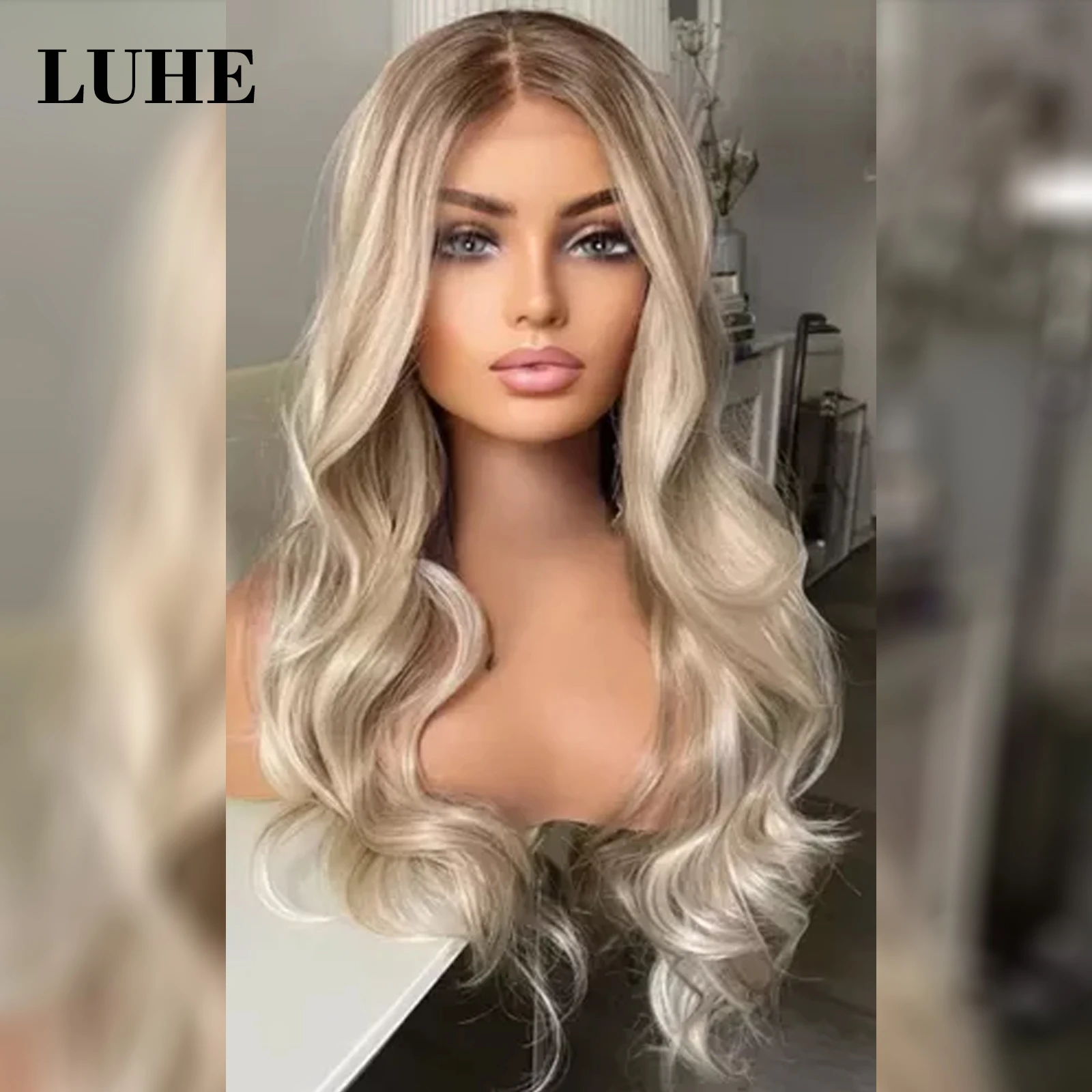 Ombre Ash Blonde Hoogtepunten 13x3 Synthetisch Haar Kant Voor Pruiken voor Vrouwen Bruine Wortels Natuurlijke Golf Kant Frontale Pruik Dagelijks gebruik