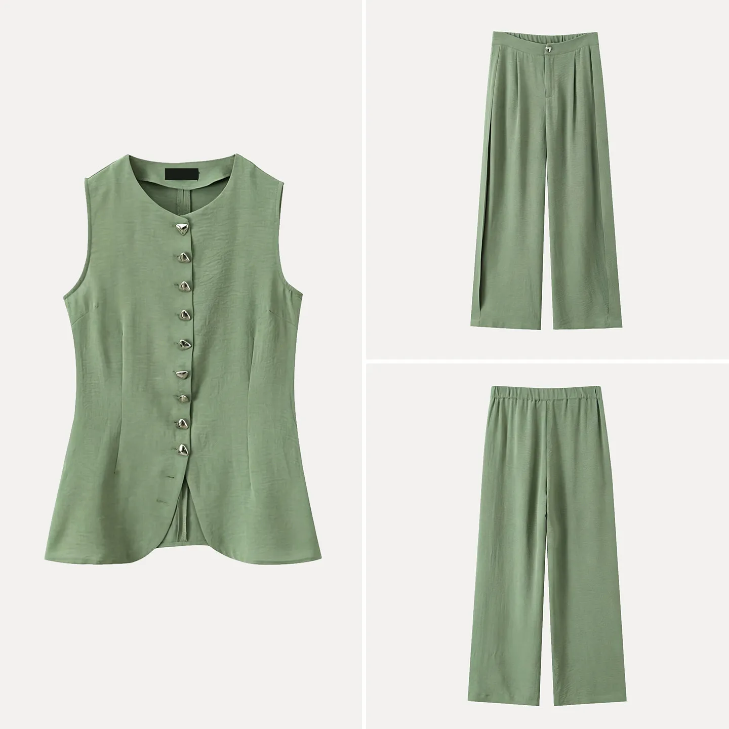 Casual Summer Women's Vest Pants Set round Neck Button up Sleeveless High Waist Long Pants Breathable Fashion Ensemble