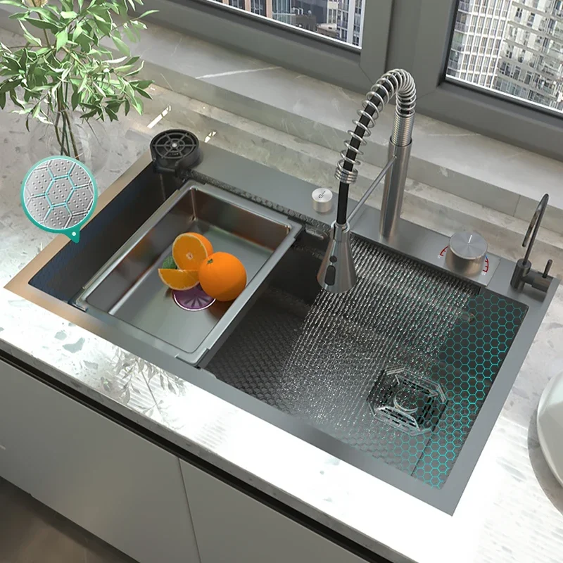 

Embossed Stainless Steel Kitchen Sink Waterfall Sink Large Single Slot Multifunction Wash Basin With Spring Kitchen Faucet