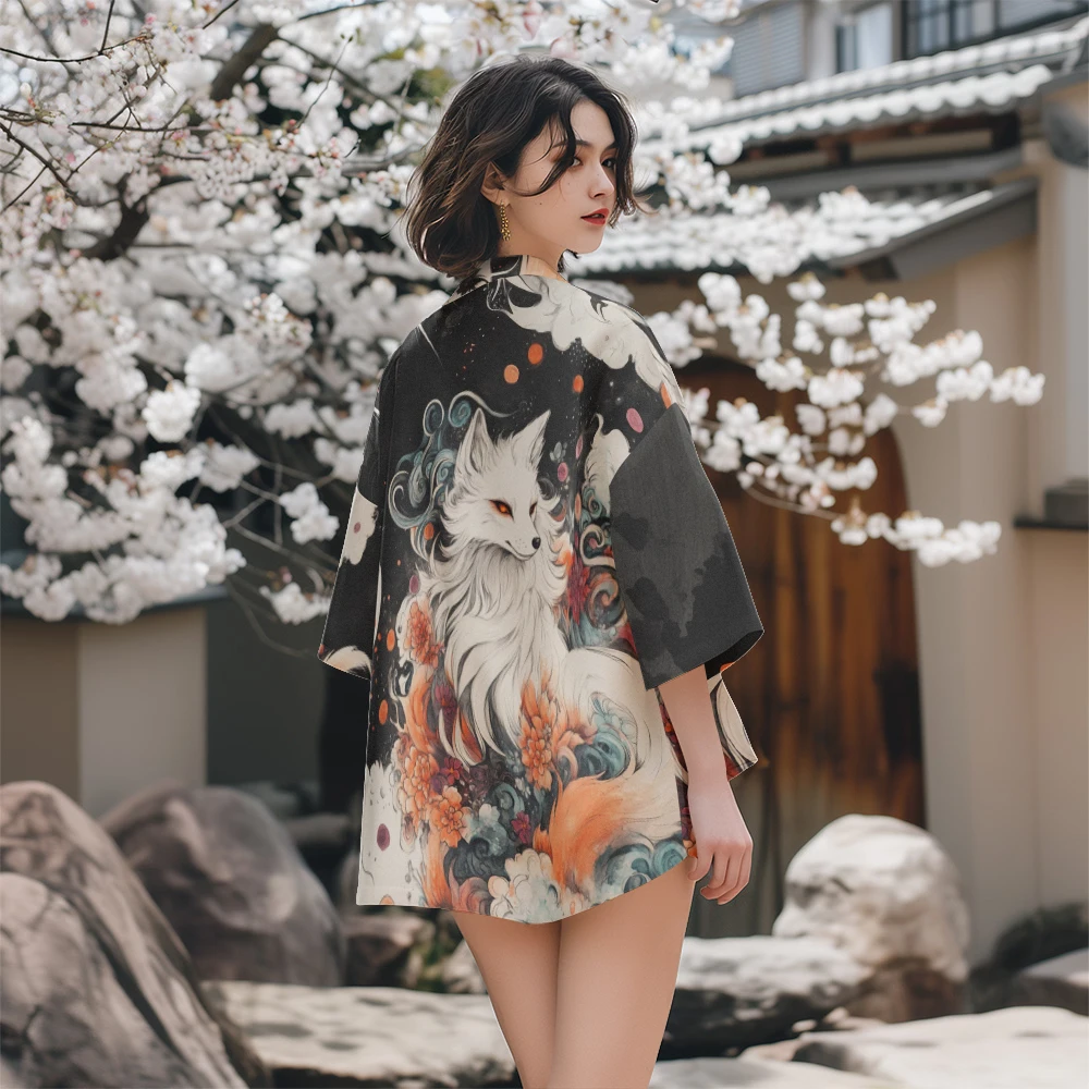 Demon Fox Print Japanese Kimono Casual Fashion Kimono Loose Breathable Comfortable Unisex Fashion Japanese Kimono Fashion