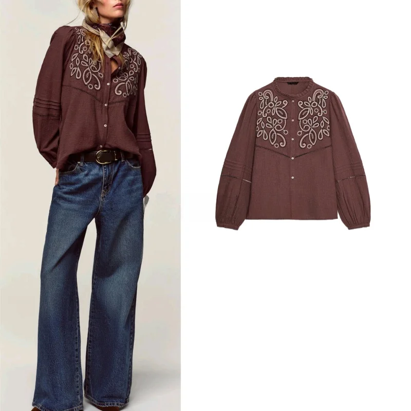 New Autumn Women's Embroidered Patchwork Shirt Top Layered Decorative Front Color Block Cotton Polyester Breathable Long Sleeve