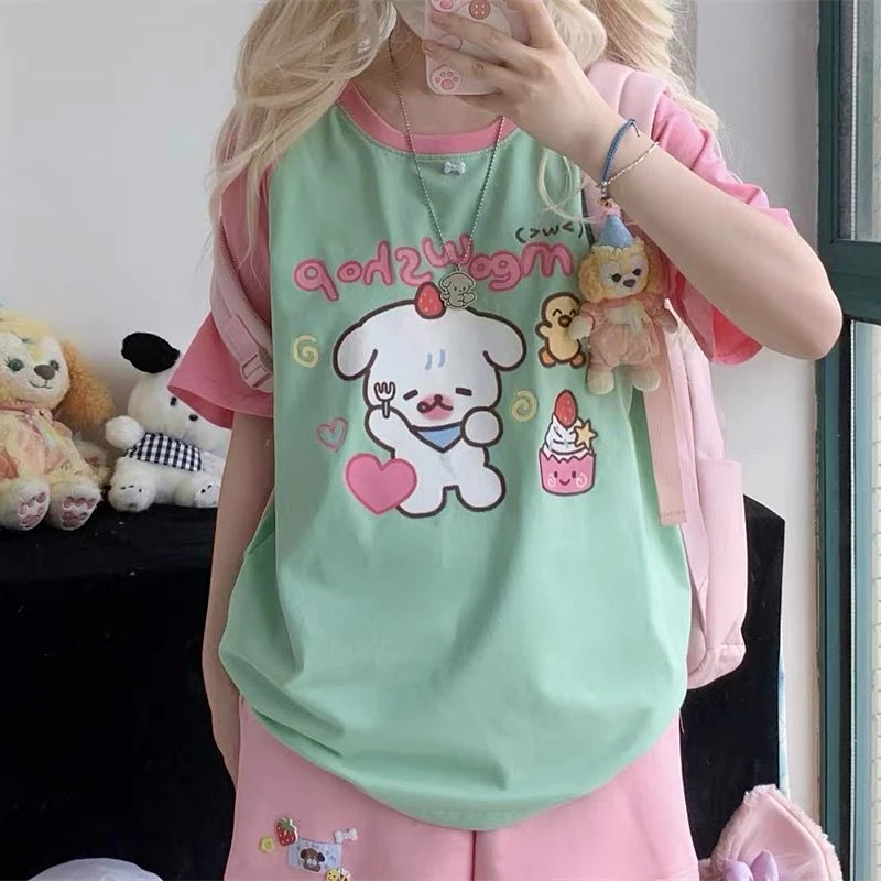 Y2k Harajuku Patchwork T Shirts Women Japanese E-girl Kawaii Sweet Cartoon Print Loose Tee Tops Summer Green Pink Grunge Clothes