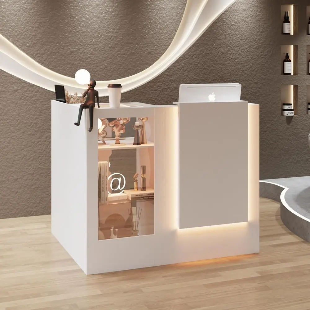 

Reception Desk with Lights, Front Counter Table with Glass Shelves, Reception Room Table, Counter Desk for Retail Checkout, Lob