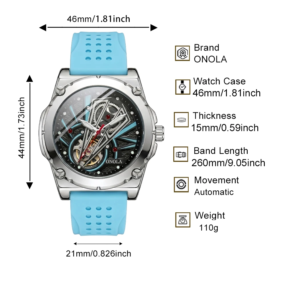 ONOLA Men's Mechanical Watch Black Armor Case Full Skeleton Gear Dial Durable Breathable Perforated Silicone Strap