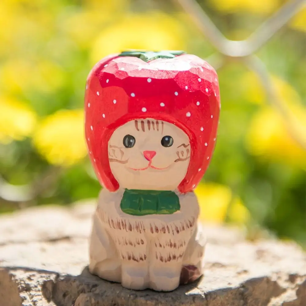 

Solid Wood Wood Carving Cat Ornament Handmade Simple Style Painted Cartoon Cat Sculpture Small Cute