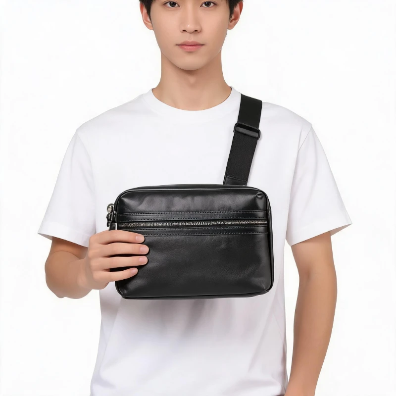 Men's Genuine Leather Bag Cowhide Crossbody Bag Large Capacity minimalist Shoulder Bag Multi-functional Zipper Bag