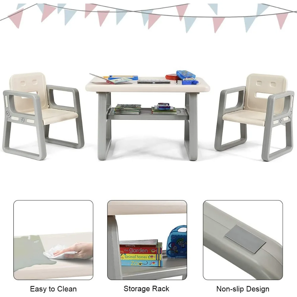 Juego de mesa y silla para niños, mesa de actividades y 2 sillas con estante de almacenamiento para artes, manualidades, lectura, dibujo, sala de juegos