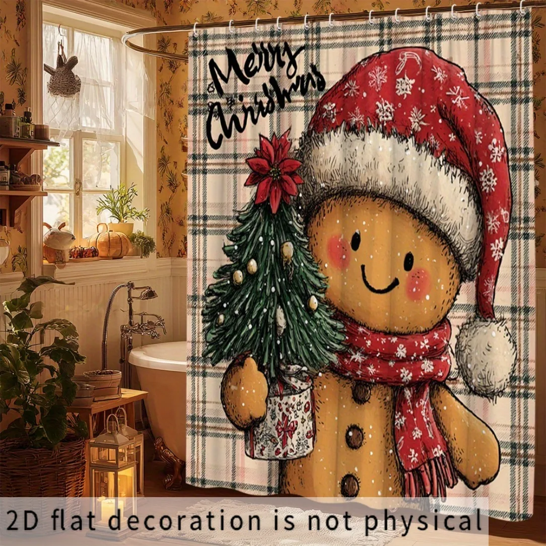 Festive Gingerbread Men Christmas Trees Shower Curtain w/ Hooks,Soft Fade Resistant Window Curtain for Bathroom, Chic Home Decor