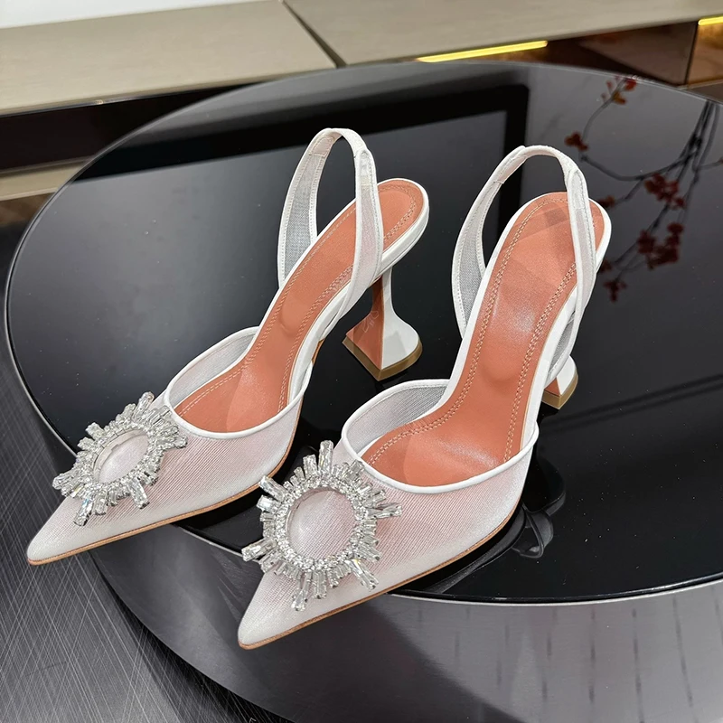 

Sandals Women Lace Mesh Thin Hight Heels Dress Shoes Summer Pointed Toe Butterfly-knot Rhinestone Decor Sandalias Wedding Shoes