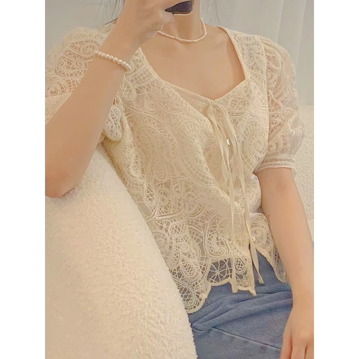 

Heavy Embroidery Hook Flower Lace Open Cardigan Shirts Short Sleeve Women's Summer Fashion Elegant Style without Brand