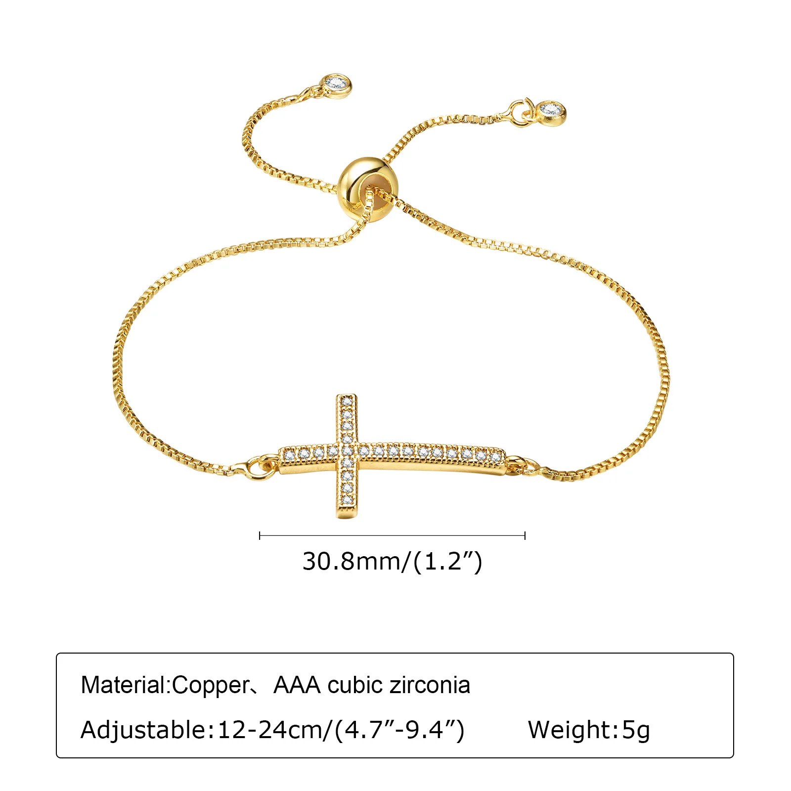 Pave Horizontal Cross Bracelet Women Zirconia Inlay, Adjustable Chain Sparkling Faith Jewelry