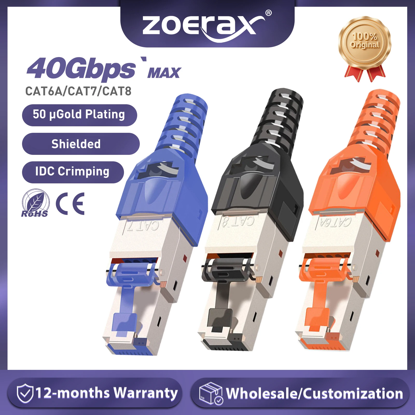 

ZoeRax, 10 шт. разъемов RJ45 Cat8 Cat7 Cat6a, экранированные вилки Ethernet из цинкового сплава без инструментов для кабелей SFTP 23AWG