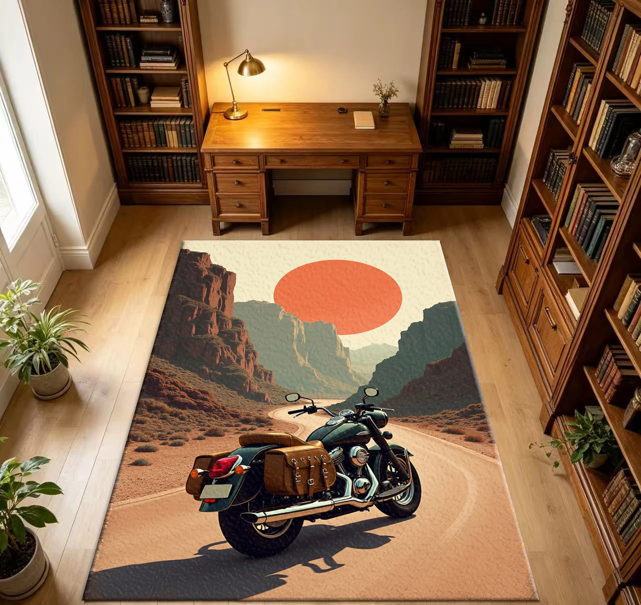 Vintage Motorcycle Canyon Sunset Scenery Rug Retro Travel Theme Living Room Carpet